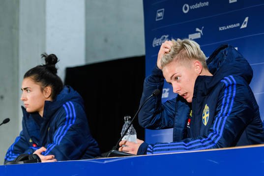 Goalkeeper Zecira Musovic and Lina Hurtig of Sweden at a