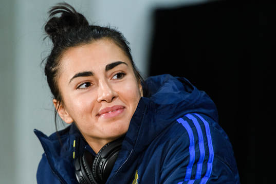 Goalkeeper Zecira Musovic of Sweden at a press conference