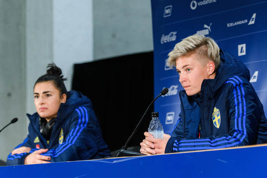Goalkeeper Zecira Musovic and Lina Hurtig of Sweden at a