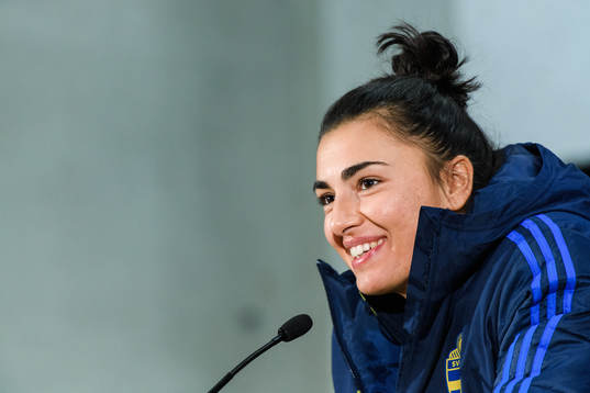 Goalkeeper Zecira Musovic of Sweden at a press conference