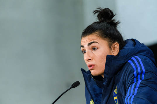 Goalkeeper Zecira Musovic of Sweden at a press conference