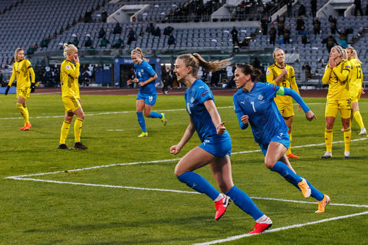 Elin Metta Jensen and Sara Björk Gunnarsdottir of Iceland