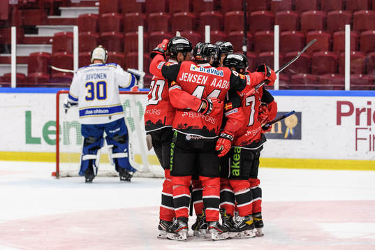 Malmö Redhawks spelare jublar med Emil Sylvegård