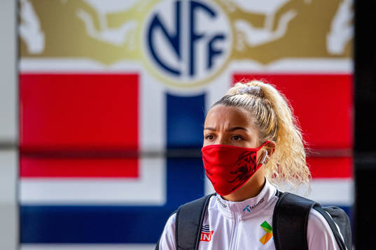 Celin Bizet Ildhusøy of Norway arrives wearing a face mask