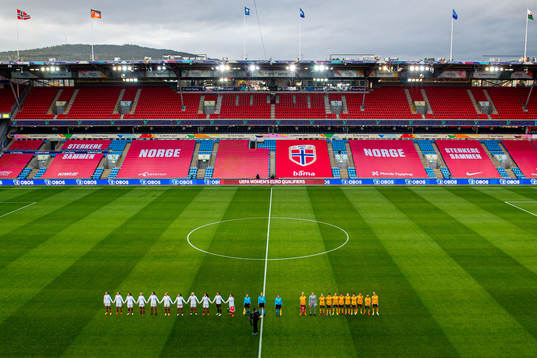 General view of Ullevaal Stadion both teams line up