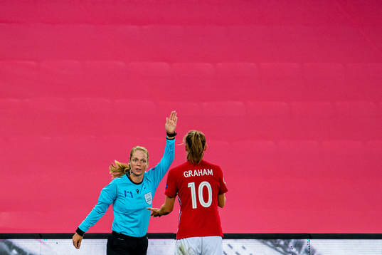 Caroline Graham Hansen of Norway reacts as referee Petra