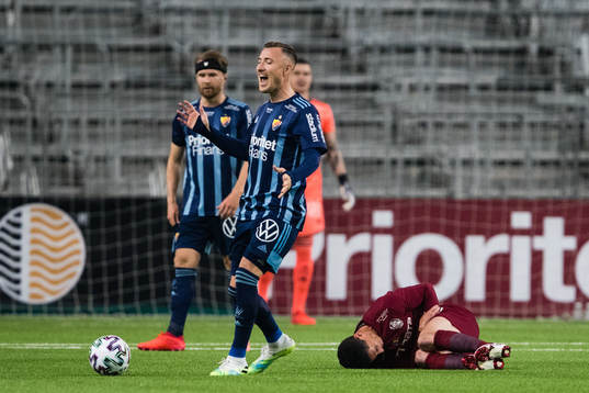 Fredrik Ulvestad of Djurgården react when Mario Rondon of