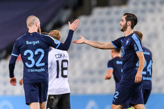 Jo Inge Berget and Adi Nalic of Malmö FF celebrate the 3-0