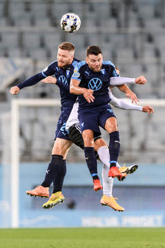Lasse Nielsen and Erdal Rakip of Malmö FF against Enis