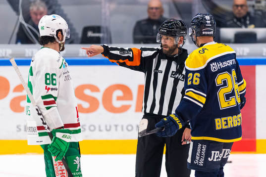 s Alexander Bergström diskuterar med domare Marcus Linde