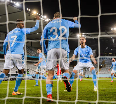 Jo Inge Berget of Malmö FF celebrate with Isaac Kiese