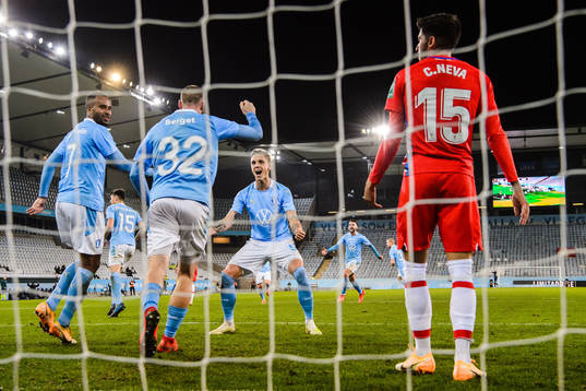 Jo Inge Berget of Malmö FF celebrate with Isaac Kiese
