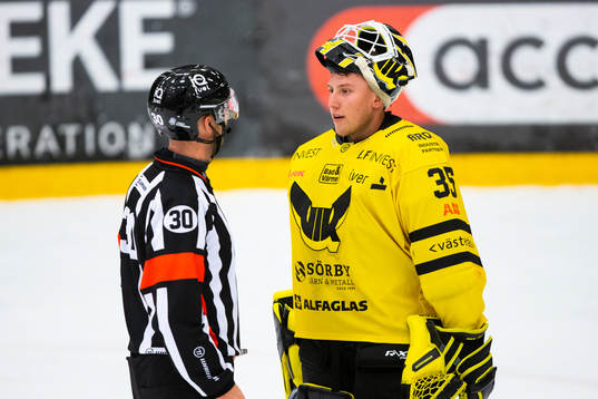 Domare Hampus Springare och Västerås målvakt Emil Kruse