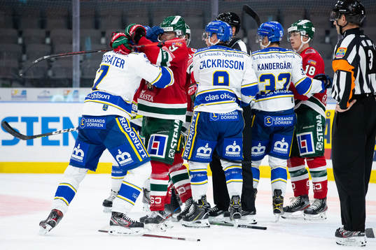 Frölundas Jan Mursak och Leksands Lucas Nordsäter i fight