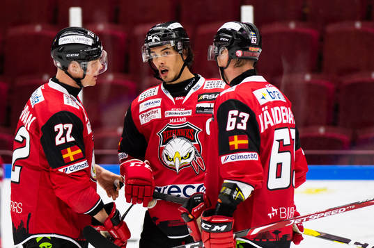 Malmö Redhawks Lars Bryggman, Oliver Lauridsen och Fredrik