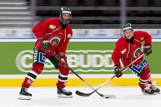 Frölundas Viktor Ekbom och Max Friberg innan