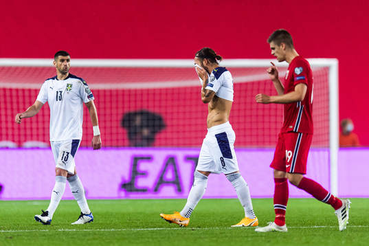 Stefan Mitrovic and Nemanja Gudelj of Serbia look dejected