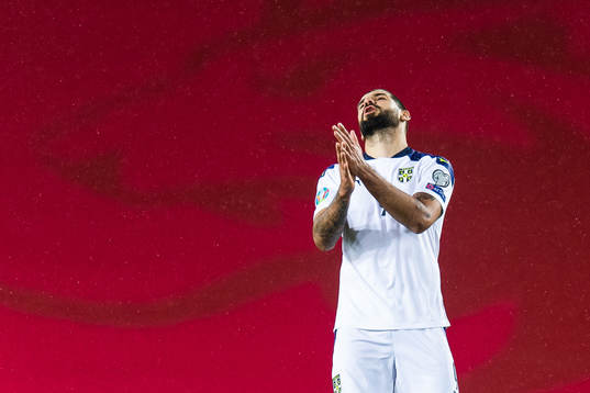 Aleksandar Mitrovic of Serbia reacts