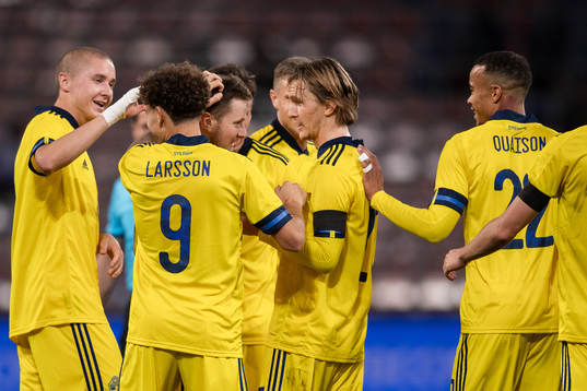 Mattias Johansson of Sweden celebrates the 0-2 goal