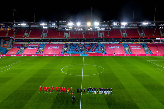 General view of Ullevaal Stadion as both teams line up