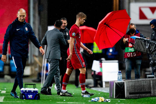 Kristoffer Ajer of Norway looks dejected