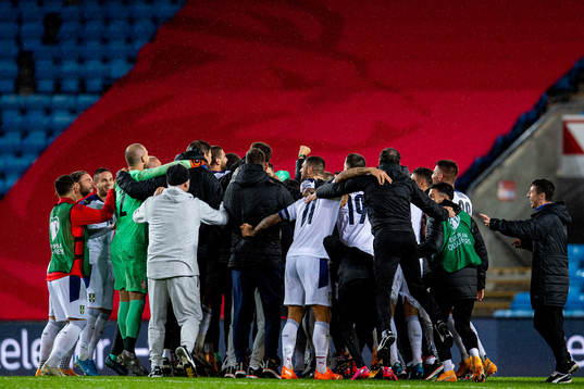 Aleksandar Kolarov and players of Serbia celebrate