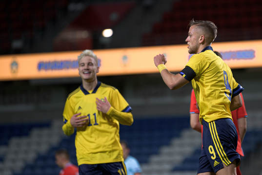 Jesper Karlsson of Sweden celebrates the 1-0 goal