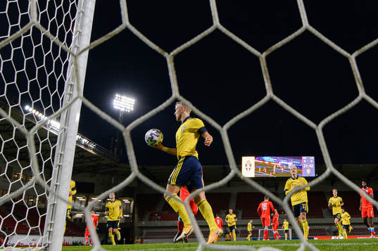 Jesper Karlsson of Sweden celebrates the 1-0 goal