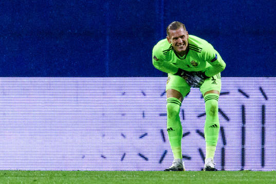 Goalkeeper Robin Olsen of Sweden in pain