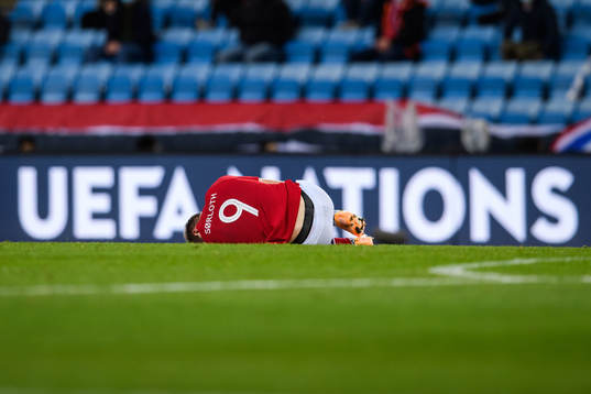 Alexander Sørloth of Norway in pain