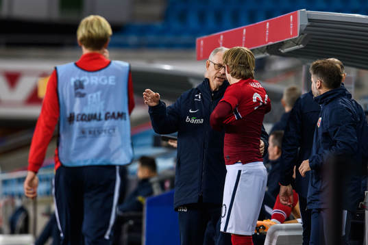 Lars Lagerbäck, head coach of Norway, and Jens Petter Hauge