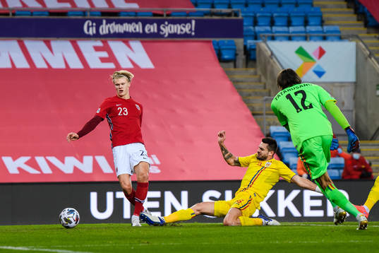 Erling Braut Haaland of Norway scores the 3-0 goal