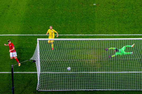 Alexander Sørloth of Norway scores the 2-0 goal behind