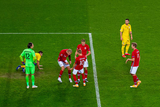 Erling Braut Haaland of Norway celebrates with teammates