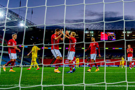 Alexander Sørloth of Norway celebrates with teammate