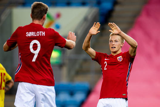 Alexander Sørloth of Norway celebrates with teammate