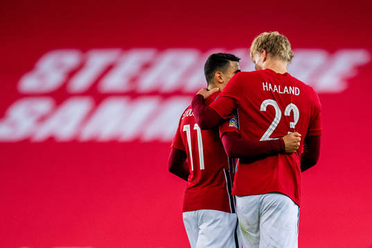 Erling Braut Haaland of Norway celebrates with teammate