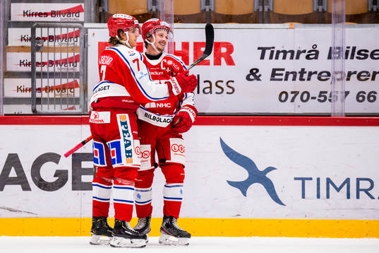 Timrås Jonathan Dahlén (h) jublar med Marcus Hardegård