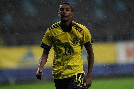 Paulos Abraham of Sweden celebrates the 9-0 goal