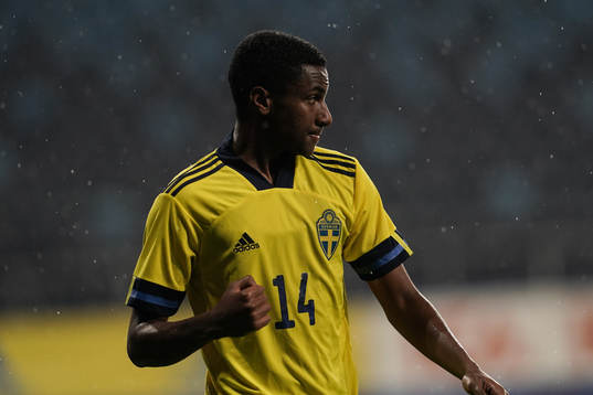 Paulos Abraham of Sweden celebrates the 9-0 goal