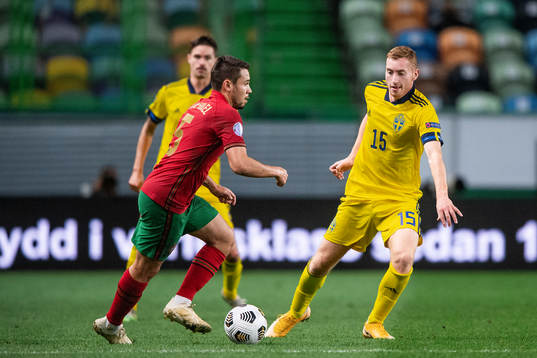 Raphael Guerreiro of Portugal and Dejan Kulusevski of Sweden