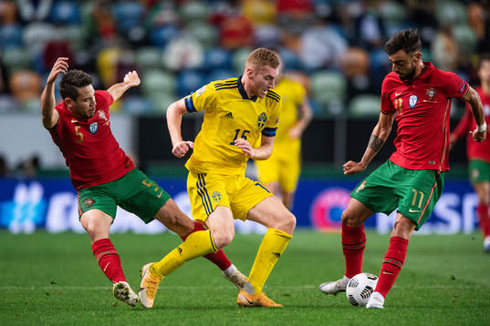 Raphael Guerreiro and Bruno Fernandes of Portugal against