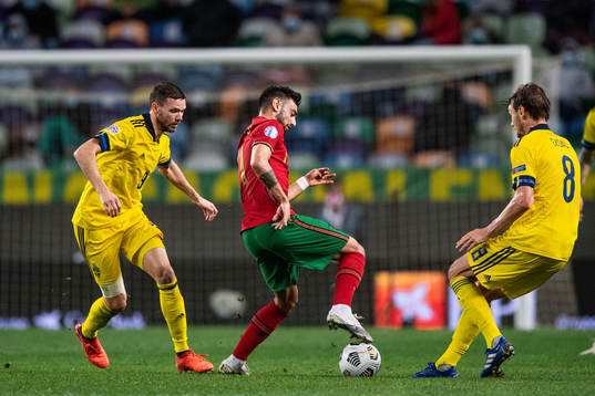 Bruno Fernandes of Portugal against Marcus Berg and Albin