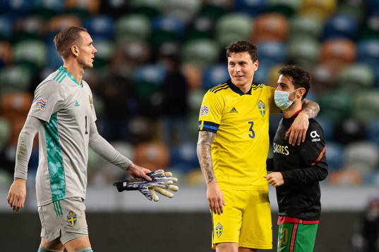 Goalkeeper Robin Olsen and Victor Nilsson Lindelöf of