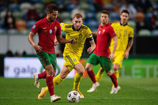 Raphael Guerreiro of Portugal and Dejan Kulusevski of Sweden