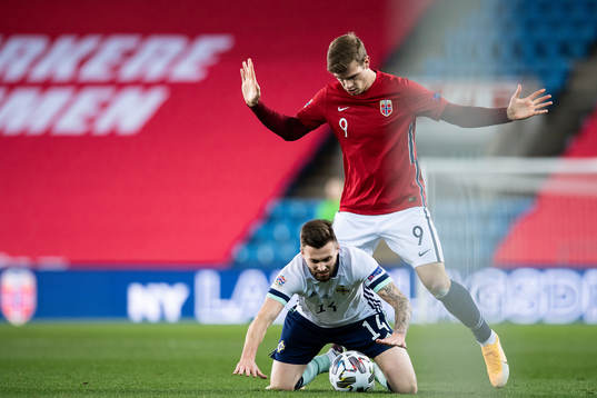 Stuart Dallas of Northern Ireland and Alexander Sørloth of