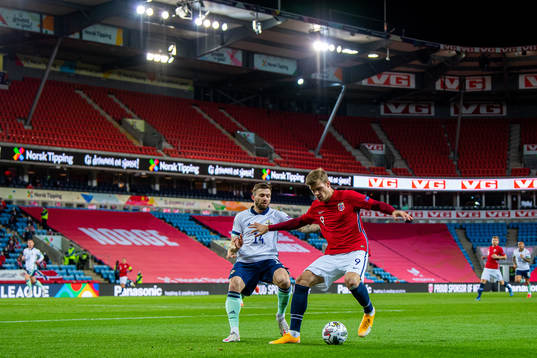 Stuart Dallas of Northern Ireland and Alexander Sørloth of