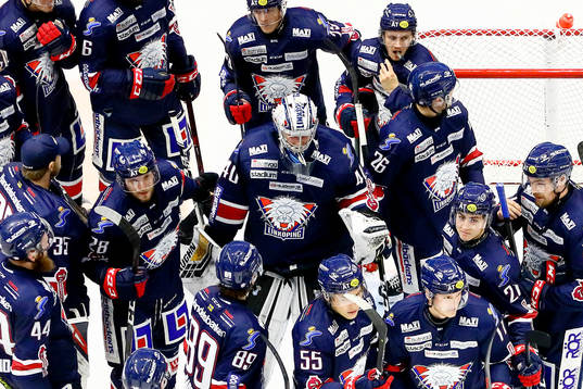 Linköpings spelare med målvakt Jussi Rynnäs jublar