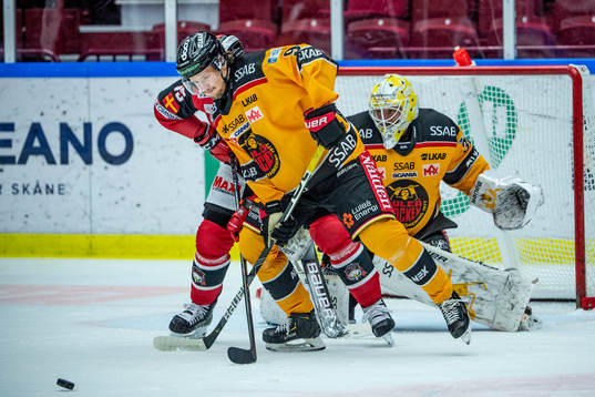 Luleås Victor Berglund och målvakt David Rautio mot