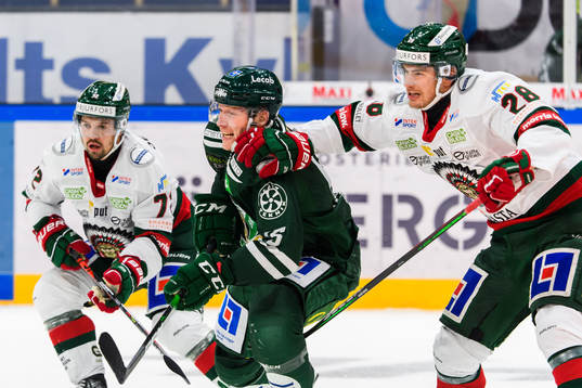 Frölundas Patrik Carlsson och Färjestads Gustav Rydahl